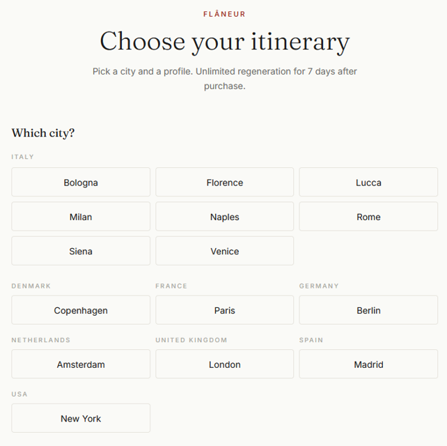 The Choose your itinerary screen, with cities grouped by country and a profile to pick