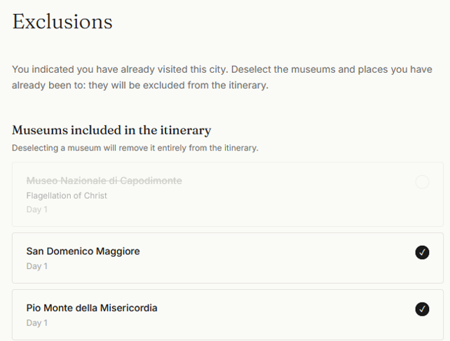 The Exclusions screen, where museums you have already visited are deselected and removed from the itinerary