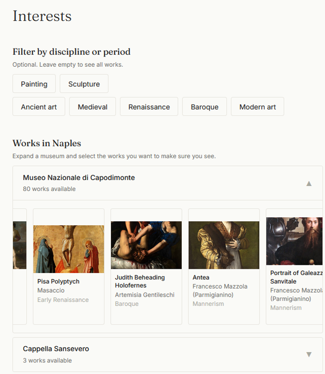 The Interests screen, filtering works by discipline and period, with Capodimonte expanded to show pinnable paintings