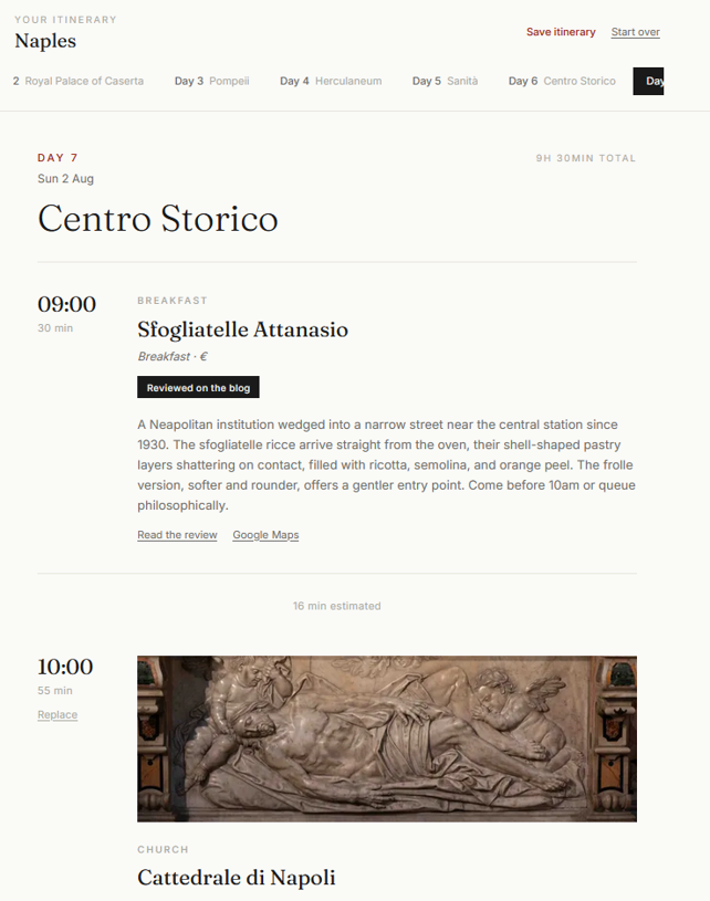 A generated day in Naples, the Centro Storico, with breakfast, a church, and verified times laid out hour by hour