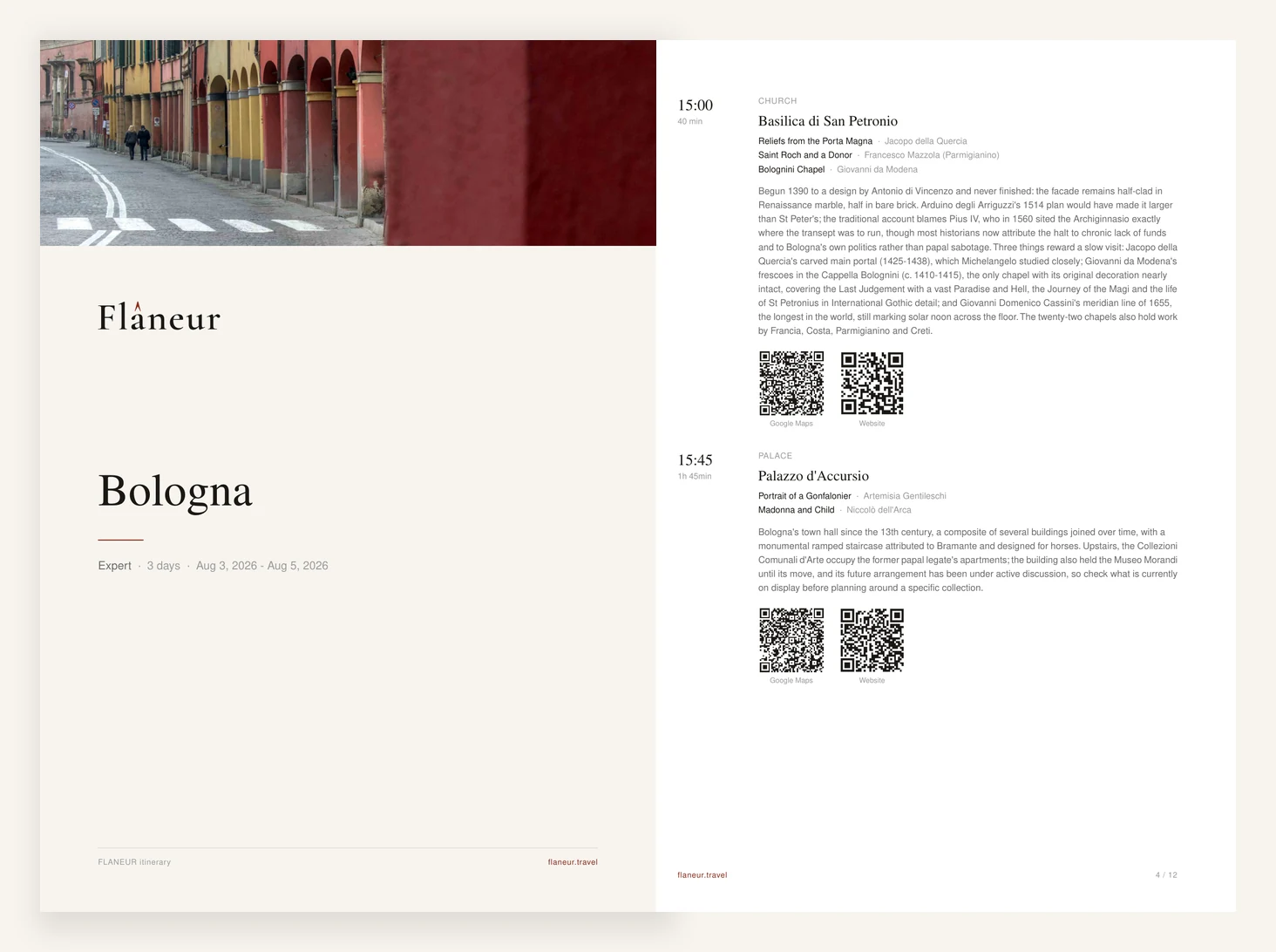 The cover and an inside page of a Flâneur itinerary for Bologna, showing timed stops, the works in each venue, and QR codes
